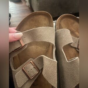 - Birkenstock Mens Taupe Arizona Softbed Suede Sandals, Size 46.